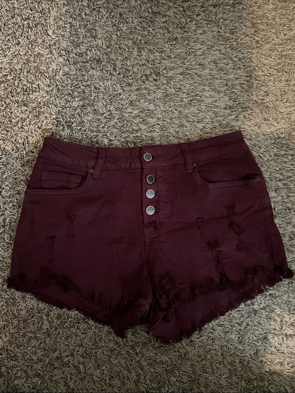 Angel Kiss High-Rise Distressed Button-Front Shorts - Burgundy